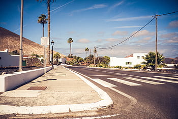 summer, road, alone, empty, quiet, street, town, village, blue sky, zebra crossing, concrete