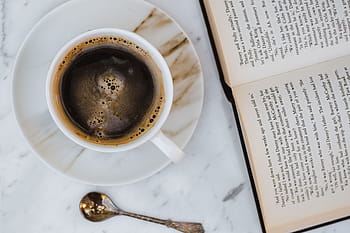 taza, café, abierto, libro, blanco, nadie, mesa, relajante, tiempo, libro abierto, mármol