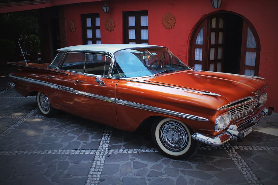 auto, classic, old, veteran, automotive, vehicle, car, retro, engine, orange, nostalgia