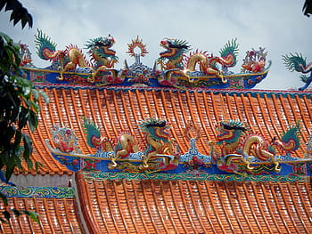 chinese, buddhist, temple, roof, detail, kanchanaburi, thailand, buddhism, thai, ornate, dragon