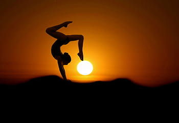gymnasta, západ slunce, silueta, sportovní, žena, jóga