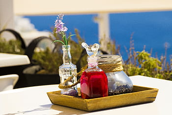 santorini, Řecko, relaxovat, cestovat, stůl, sklenka, váza, květ, restaurace