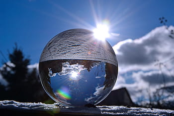 glass ball, ball, sun, light, sky, lighting, sunbeam, mood, winter, landscape, wintry