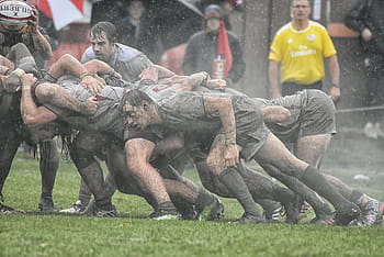 rugby, mud, college, scrum