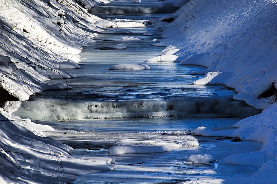 winter, wintry, ice, bach, stream bed, cold, icicle, landscape, snow, ice-covered, frost