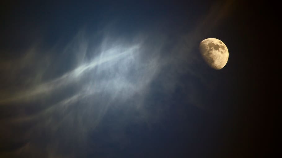 bulan, langit, malam, biru, gelap, hitam, astronomi, tengah malam, diterangi, kabut, awan