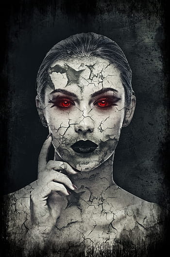 girl, woman, face, female, spooky, creepy, weird, scary, cracked, red, eyes