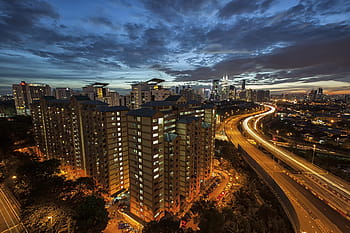 night, sky, city, lights, building, structure, highway, road, street, car, vehicle