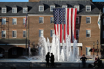 old, brick administration building, large, american flag, hanging, alexandria, virginia., america, american, architecture, church