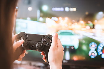 young, girl, gamepad, playing, games, tv