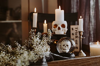 dekorasi halloween, &, lilin, musim gugur, tengkorak, halloween, horor, oktober, menyeramkan, menghias