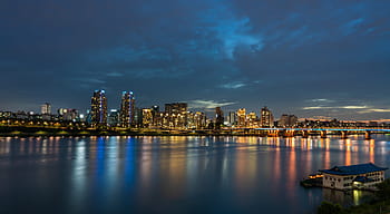 blue, seoul, han river, cityscape, korea, south korea, sky, bridge, landscape, pier, reflect