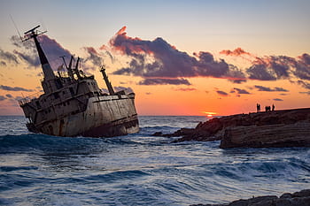 shipwreck, sea, clouds, sunset, romantic, boat, wreck, ship, rusty, aged, weathered