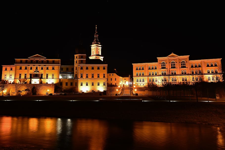 church, the castle ensemble, night, on the lower castle