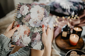 escritura, cuaderno, mentira, cama, café, velas, panes de jengibre, hembra, niña, mujer, espacio de trabajo