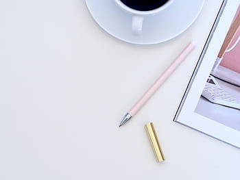 magazine, gray, pink, pen, write, coffee, drink, journal, diary, writing, work