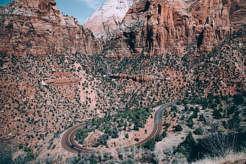 route 66, winding, grand, canyon surrounnded, peaks, Blue, Canyon, Desert, Direction, way, Highway