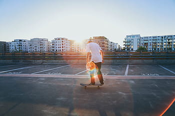 budov, struktura, kondominium, lidé, muž, skateboarding, sport, slunečního světla, Sluneční svit, svítání, západ slunce