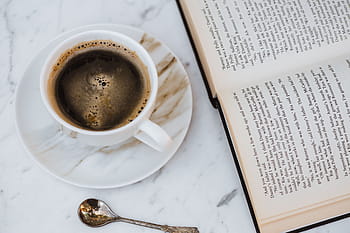 taza, café, abierto, libro, blanco, nadie, mesa, relajante, tiempo, libro abierto, mármol