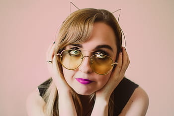 quirky, woman, sunglasses, cats ears, lip stick, female, girl, minimal, background, listen, headphones