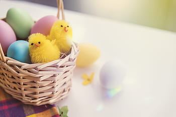 happy, easter!, toy chicken, eggs, basket
