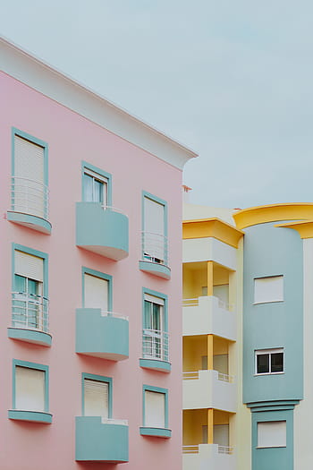pastel, rosa, y, luz, azul, edificio, portugal, mínimo, moderno, contemporáneo, arquitectura