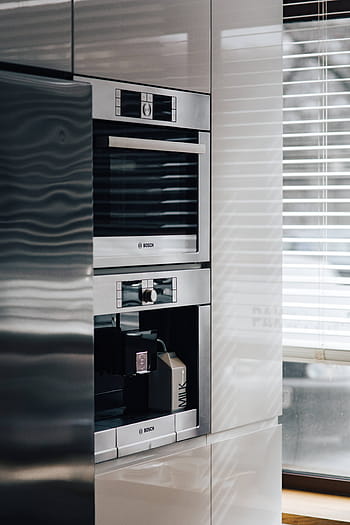 interior, moderno, cocina, gris, blanco, contemporáneo, estilo, diseño, metálico, horno, refrigerador