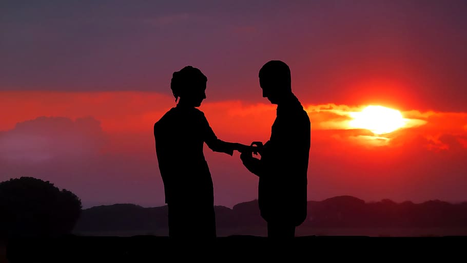 sunrise, wedding, love, couple, silhouette, young, romance, romantic, happy, relationship