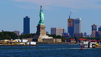 statue, liberty, busy, new, york harbor, harbor., statue of liberty, lady liberty, immigration, symbol, torch