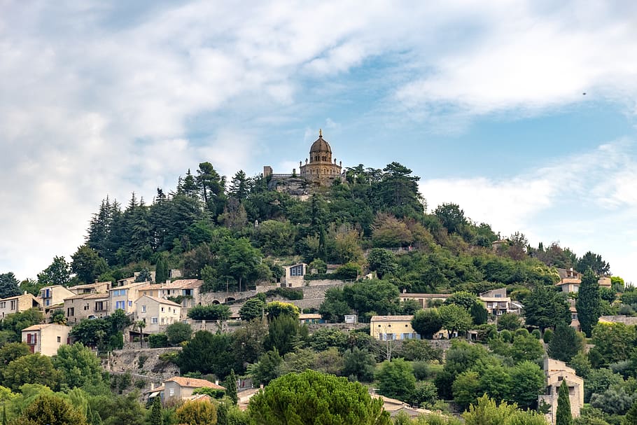 krajina, scénický, panoráma, vesnice, stromy, zelená, domy, venkov, budova, starý, architektura