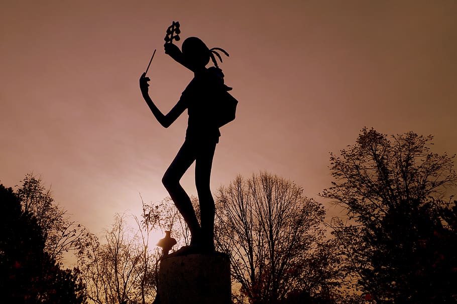 vienna, statua, figura, Morgenstimmung, kurpark, kurpark oberlaa, scultura, crepuscolo