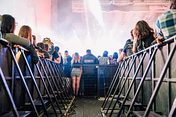 view, concert audience, crowd control barrier, smoky, stage, background, audience, band, celebration, club, crowd