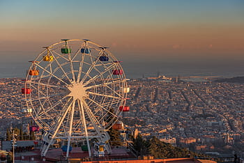 barcelona, tibidabo, spain, giant ferris wheel, amusement park, vista, travel, city, building, tourism, color