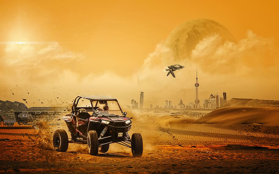 الخيال العلمي، الموتوسكل الشاطئي، سفينة فضائية، كوكب الصحراء، القمر، تتبع، هرب، عمل، التركيب، يؤلف، تركيب الصورة