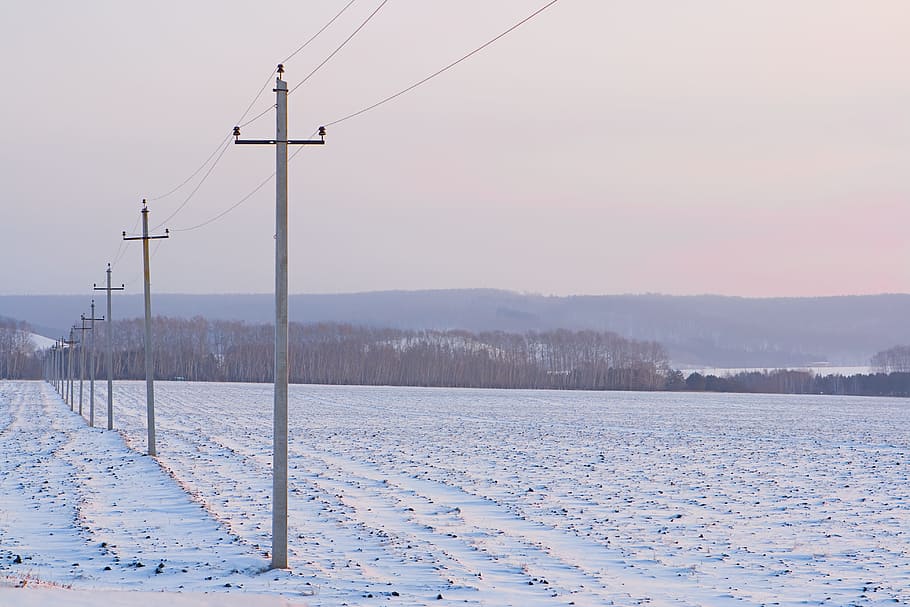 winter, snow, ural, blue, morning, powerlines, electricity
