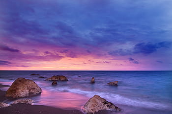 ea, ocean, water, waves, nature, rocks, horizon, blue, sky, clouds, sunset
