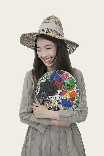 happy, smile, woman, paint, palette, asian, girl, people, art, smiling, laughing
