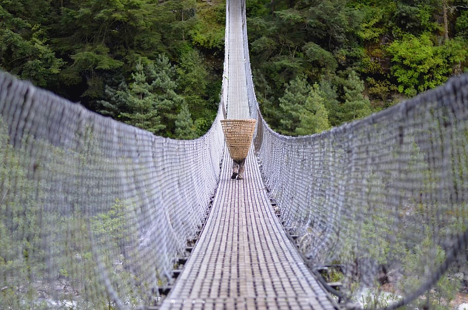 trek, nepal, bridge, man, himalaya, trekking, mountain, landscape, adventure, nature, travel