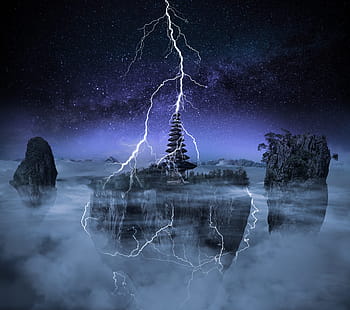 trovão, noite, relâmpago, tempestade, escuro, céu, nuvens, poder, energia, dramática, paisagem