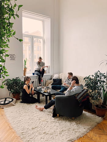 přátelé, mluvící, Domov, Dům, Vzhled interiéru, muž, žena, lidé, usměj se, mobilní, pohybliví, technologie