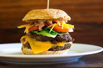 burger, food, plate, hamburger, restaurant, meat, bread, cheese, dinner, tasty, tomato