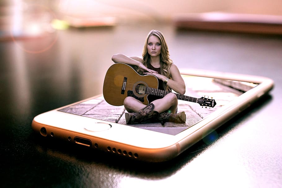 pop out, mobile, phone, guitar, woman, fantasy, girl, manipulation, female, graphic design, iphone