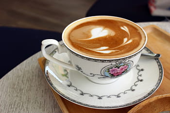 horký, latte káva, srdce umění, klasický, porcelánový šálek, podšálek, káva, srdce, umění, vinobraní, pohár