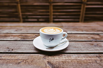 latte art, kavárna, caffe latte, cappuccino, káva, pohár, espresso, mléko, venkovní, lžíce, stůl