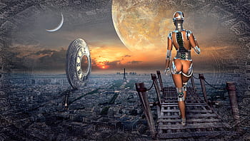 fantasia, Luna, comporre, atmosferico, donna, femmina, luce, bellissimo, pianeta, città, Parigi