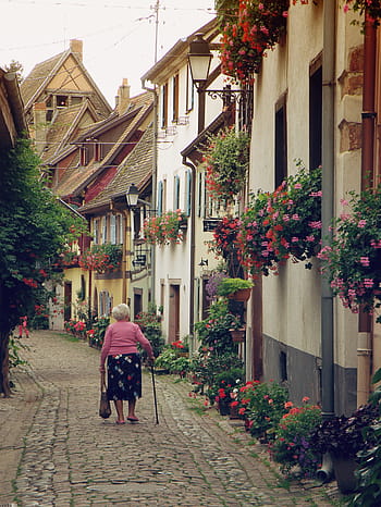 alsace, france, historical romantic street, half-timbered houses, the old woman, grandma, european architecture, the picturesque village of, old houses, noslagické, small town