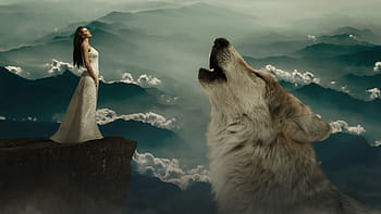 wolf, woman, fantasy, rock, fairy tales, dream world, composing, fantasy picture, animal, mystical, dog