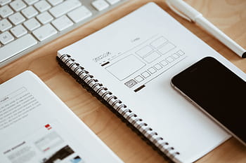 sketsa tata letak webdesign, perancangan, meja, buku harian, iphone, keyboard, tata letak, pena, sketsa, atas, desain web