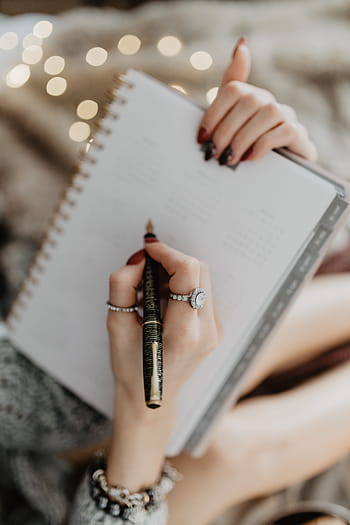 escritura, cuaderno, mentira, cama, café, velas, panes de jengibre, hembra, niña, mujer, espacio de trabajo