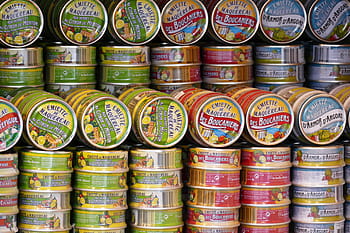 canning, cans, finished products, eat, tin can, fish, box, shelf, food, supermarket, sardines